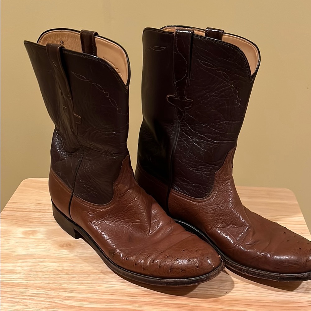 Classic Brown Leather and Ostrich Lucchese roper Western Boots.